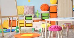 An empty, colorful preschool classroom